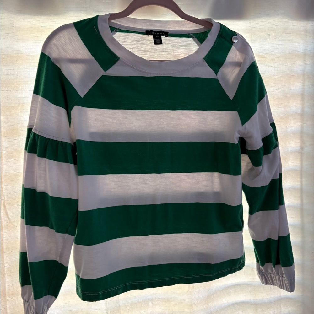 Tribal Green and White Striped Long Sleeve Top